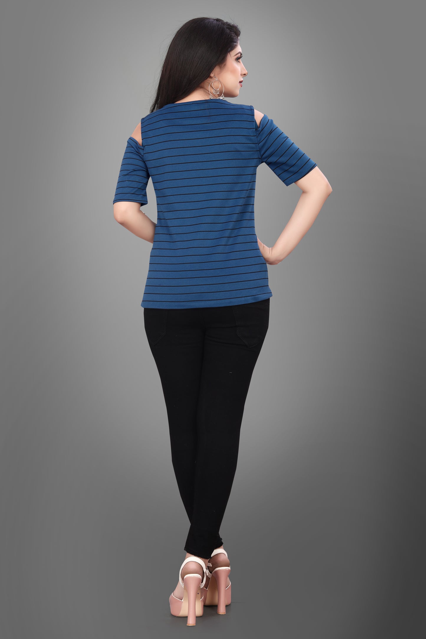 SUR-T Casual Half Sleeves Striped Women Royal Blue Top