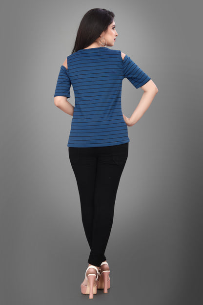 SUR-T Casual Half Sleeves Striped Women Royal Blue Top