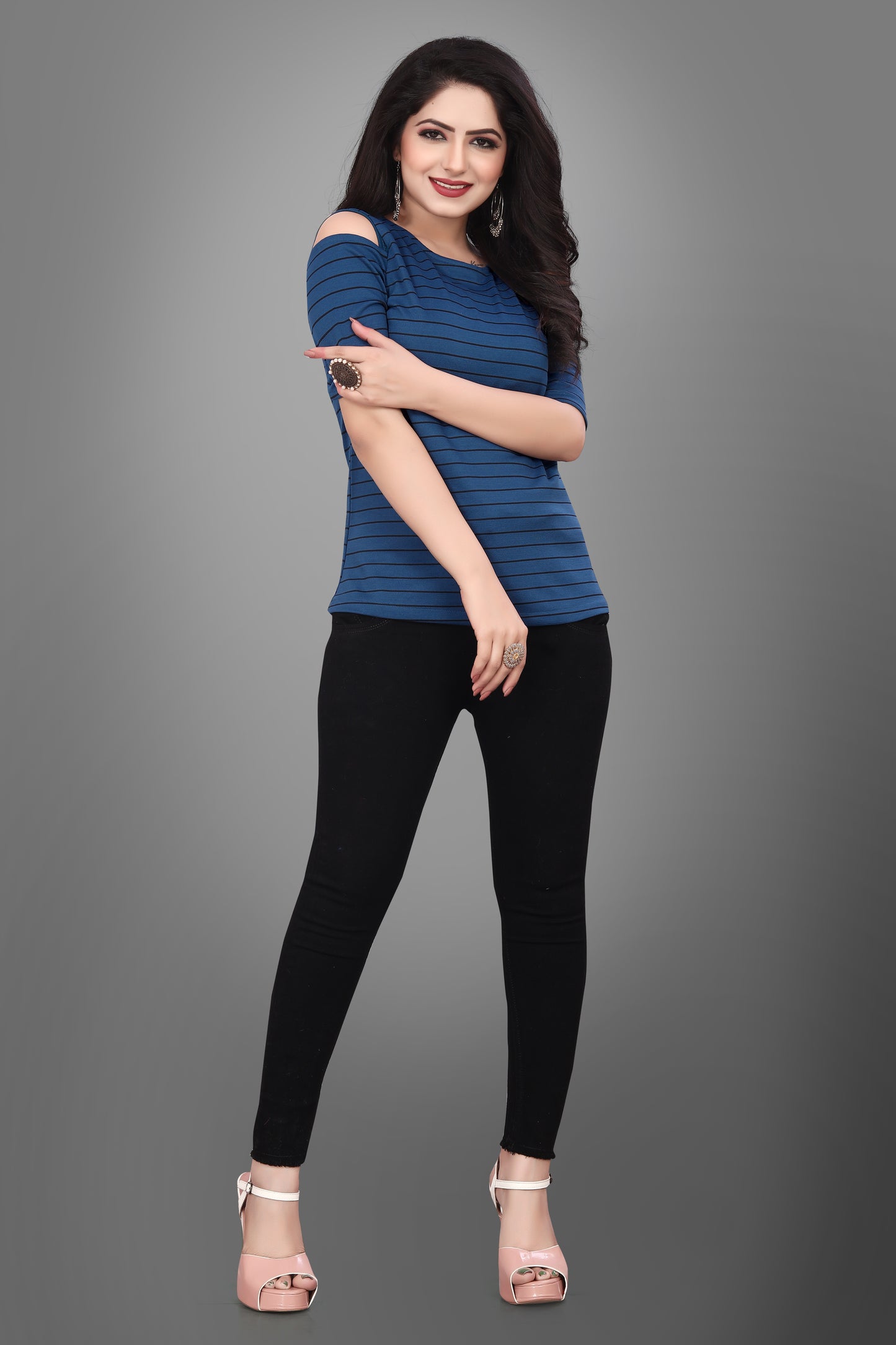 SUR-T Casual Half Sleeves Striped Women Royal Blue Top