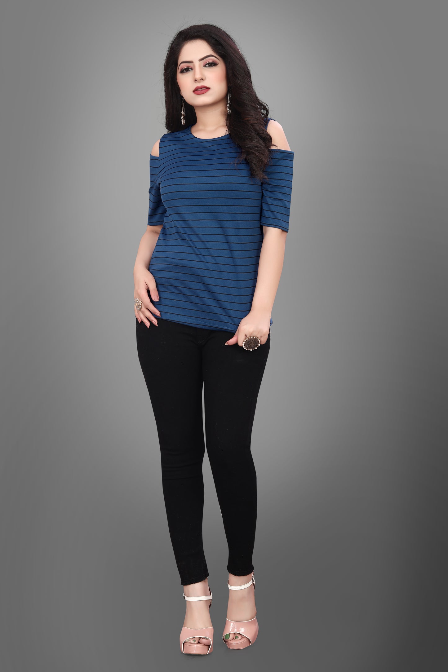 SUR-T Casual Half Sleeves Striped Women Royal Blue Top