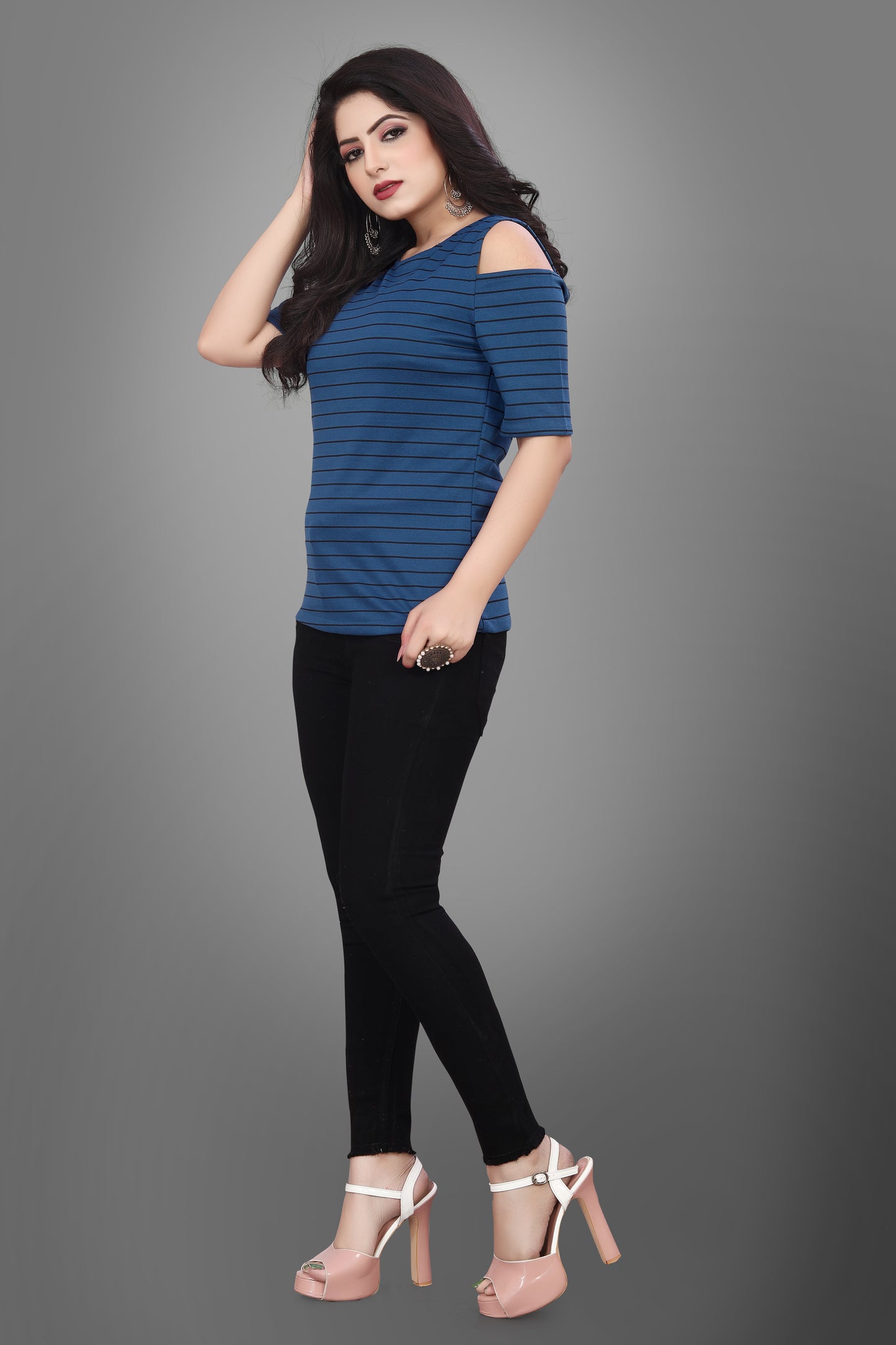 SUR-T Casual Half Sleeves Striped Women Royal Blue Top