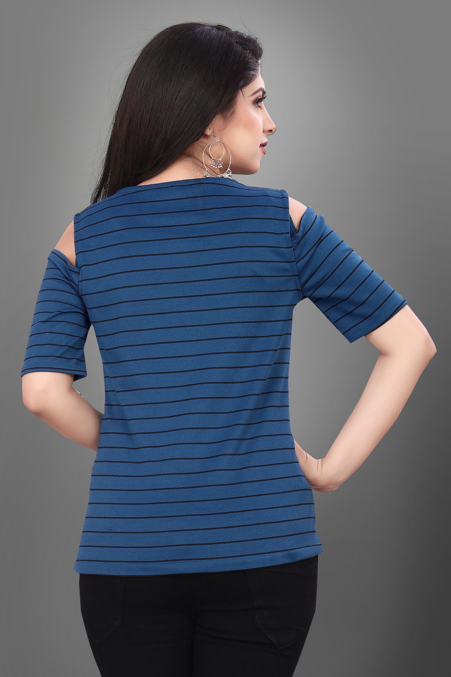 SUR-T Casual Half Sleeves Striped Women Royal Blue Top