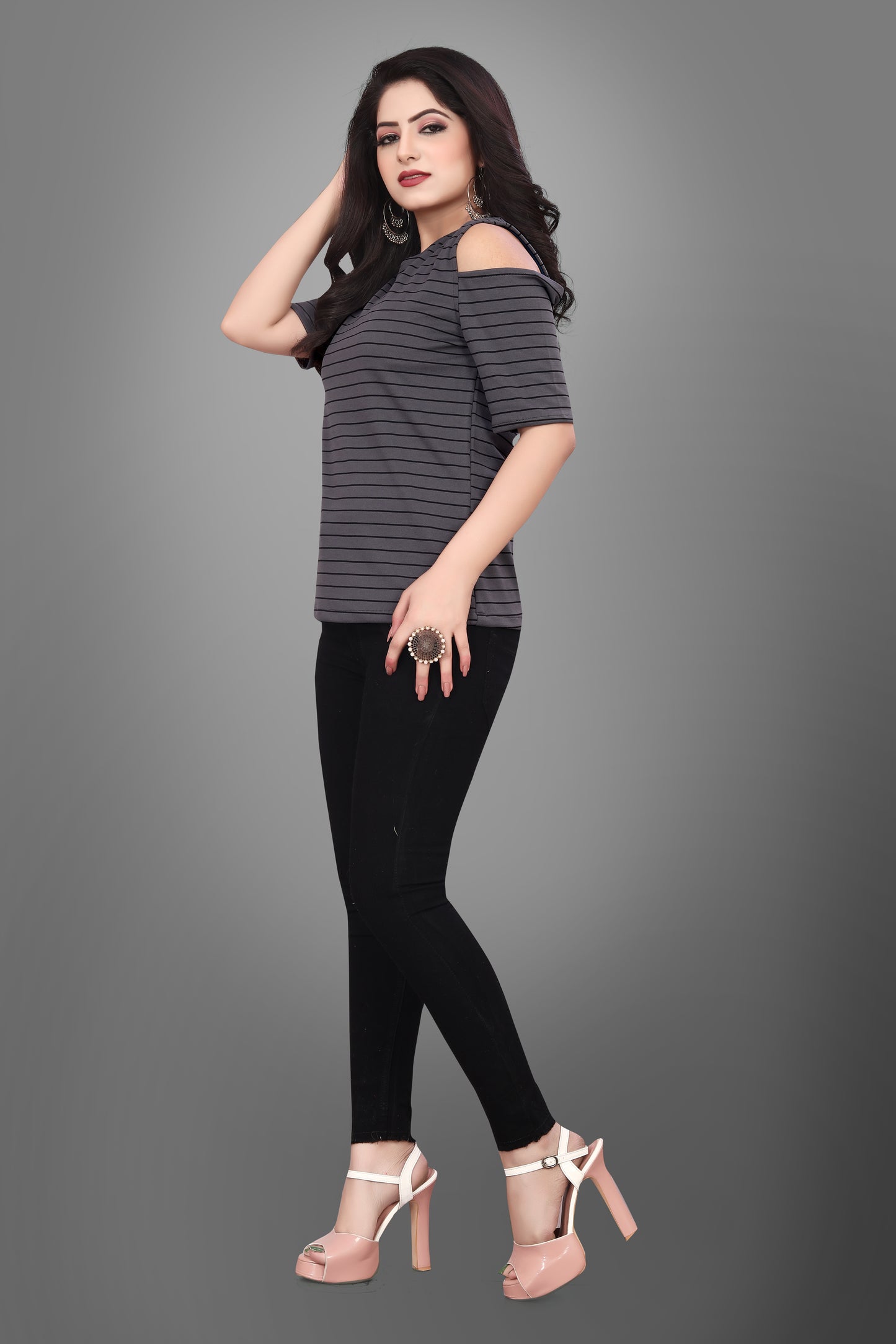 SUR-T Casual Half Sleeves Striped Women Dark Grey Top