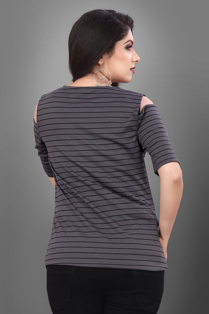 SUR-T Casual Half Sleeves Striped Women Dark Grey Top