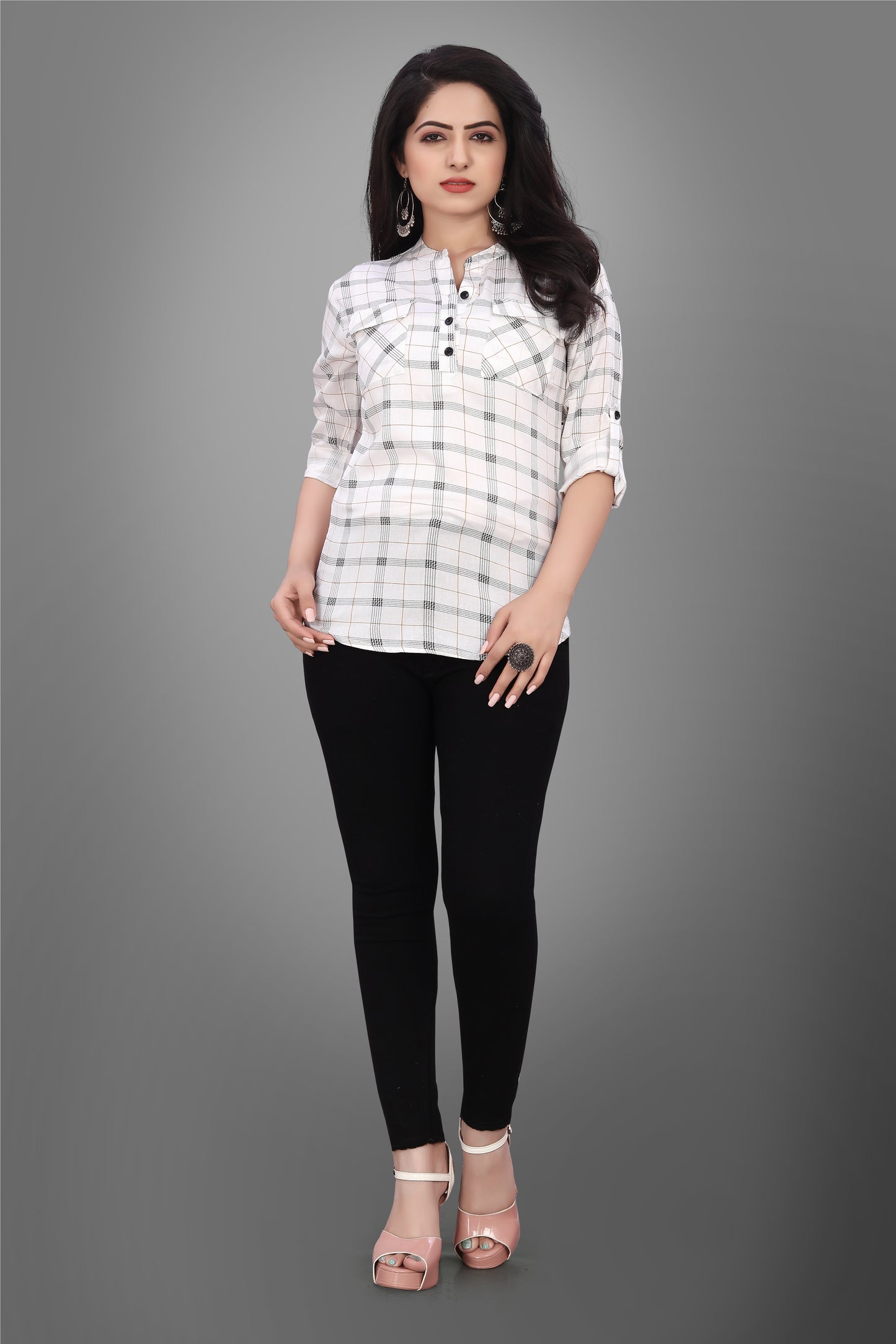 SUR-T Casual Regular Full Sleeve Checkered Women White Top