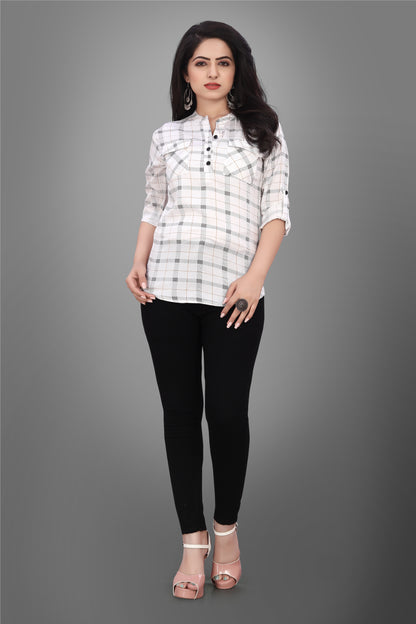 SUR-T Casual Regular Full Sleeve Checkered Women White Top