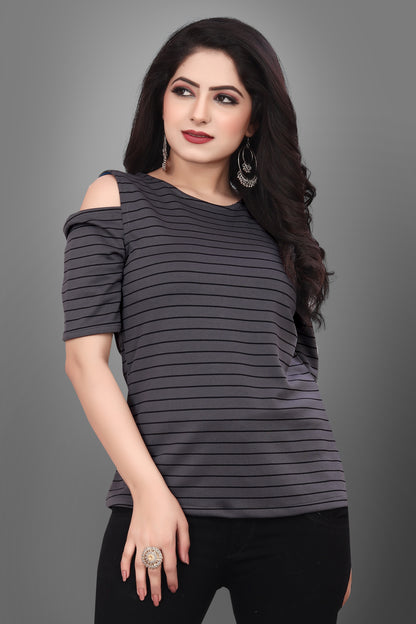 SUR-T Casual Half Sleeves Striped Women Dark Grey Top