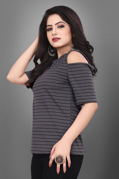 SUR-T Casual Half Sleeves Striped Women Dark Grey Top