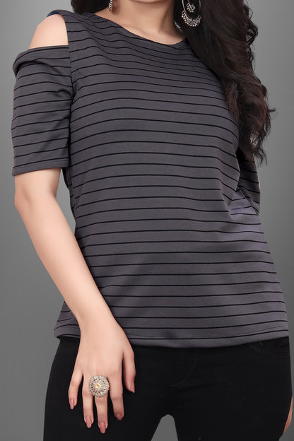 SUR-T Casual Half Sleeves Striped Women Dark Grey Top