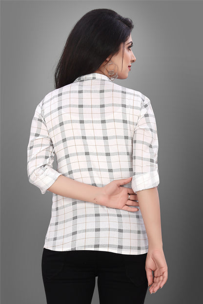 SUR-T Casual Regular Full Sleeve Checkered Women White Top