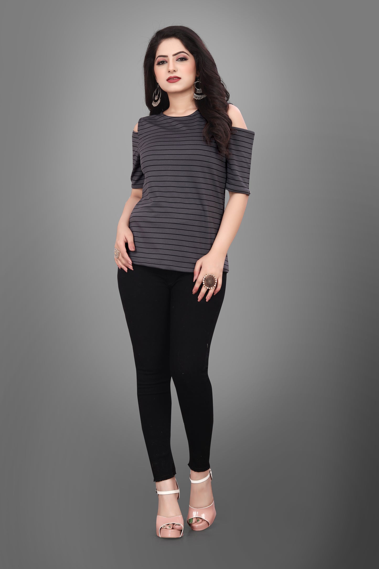 SUR-T Casual Half Sleeves Striped Women Dark Grey Top