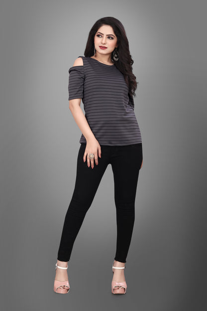 SUR-T Casual Half Sleeves Striped Women Dark Grey Top