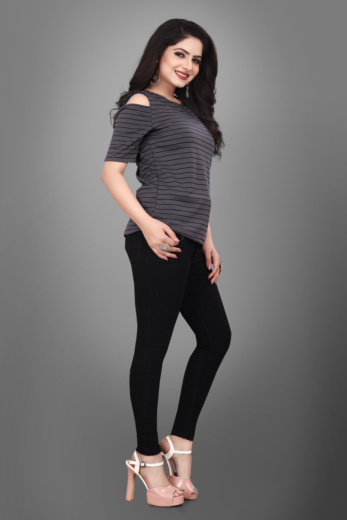 SUR-T Casual Half Sleeves Striped Women Dark Grey Top