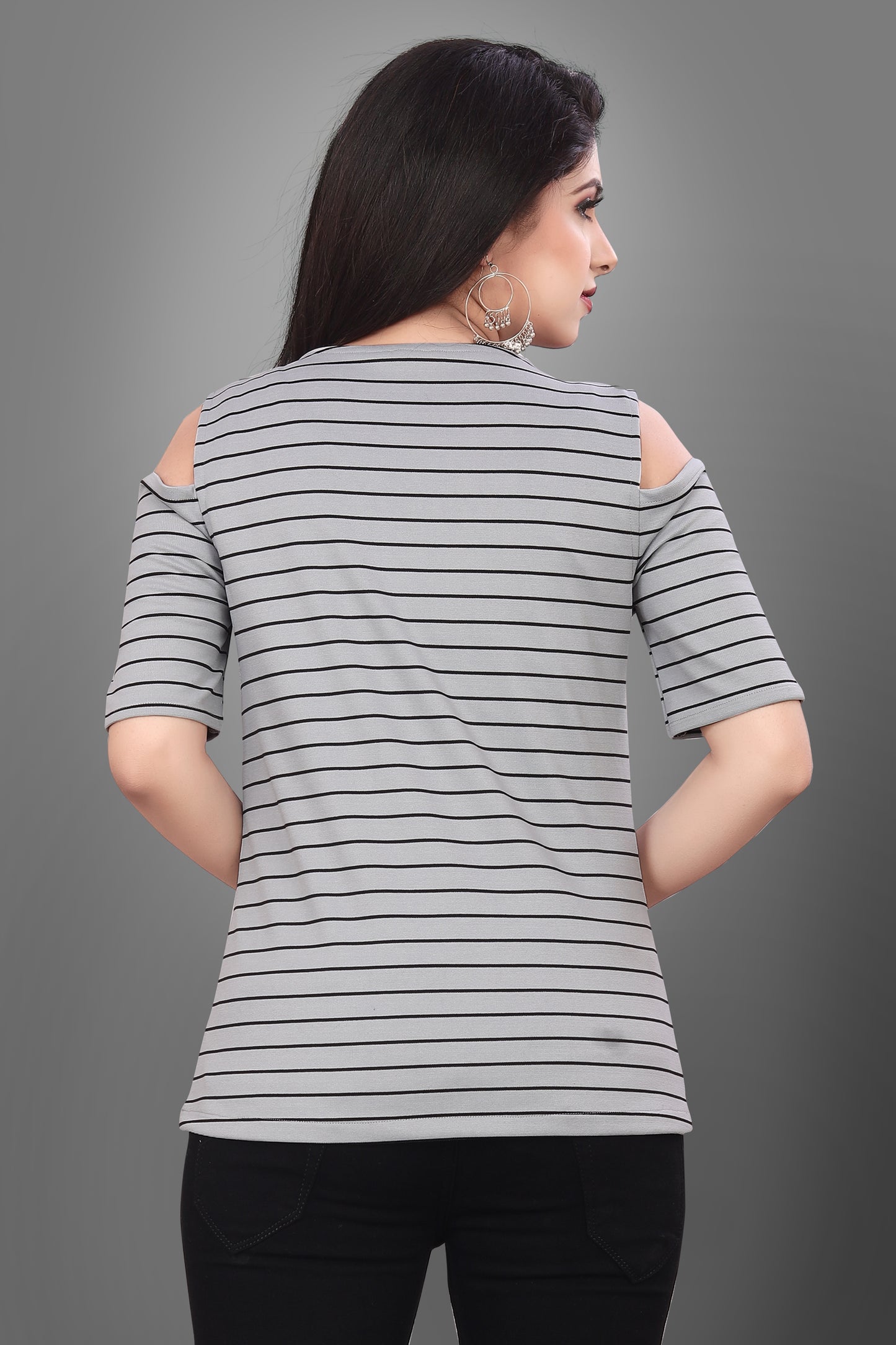 SUR-T Casual Half Sleeves Striped Women Silver Top