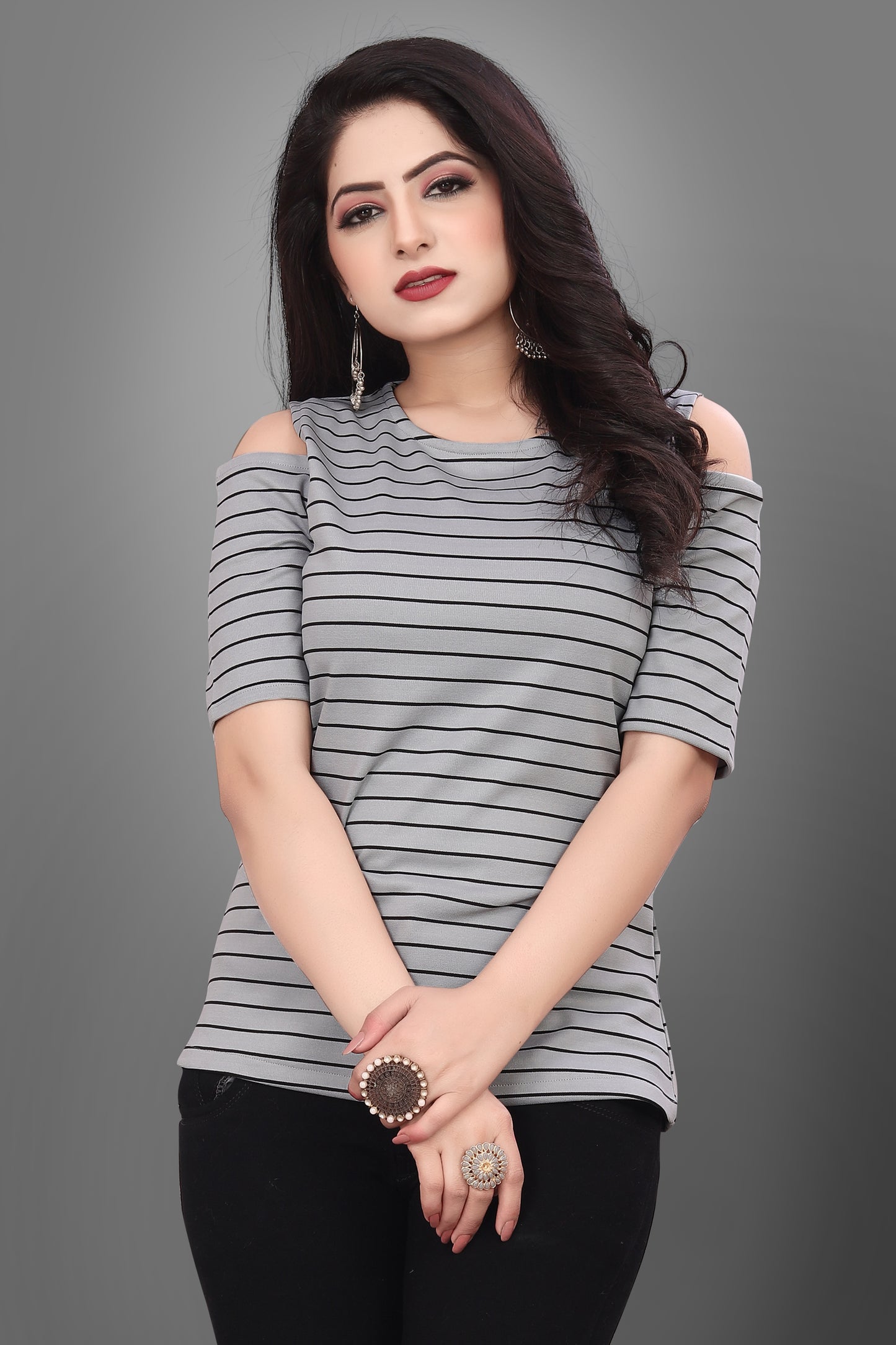 SUR-T Casual Half Sleeves Striped Women Silver Top