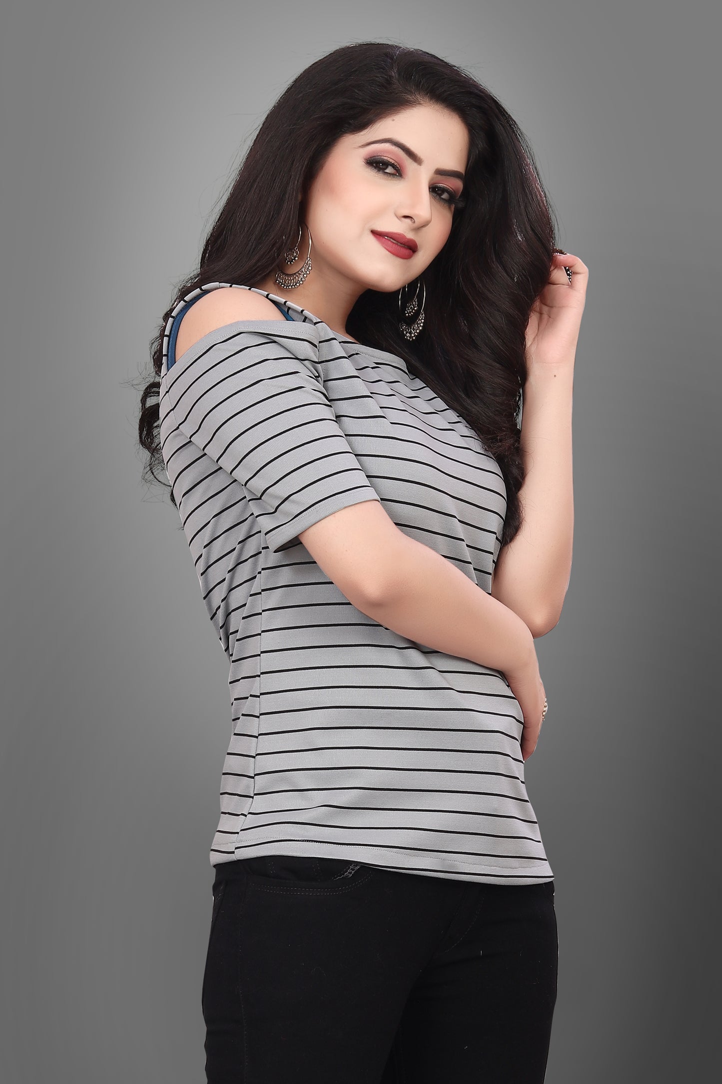 SUR-T Casual Half Sleeves Striped Women Silver Top