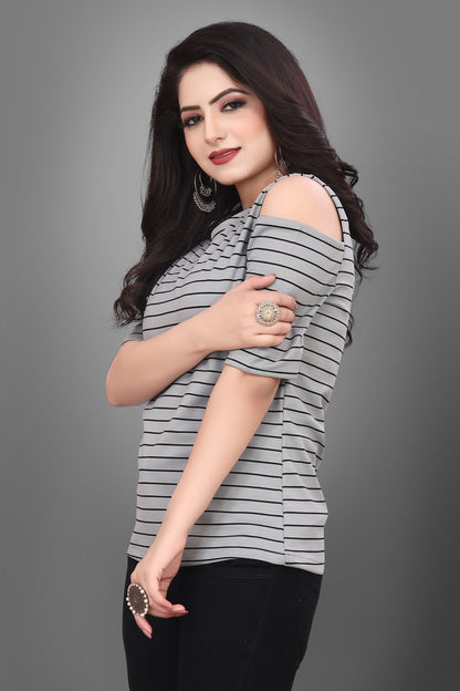 SUR-T Casual Half Sleeves Striped Women Silver Top