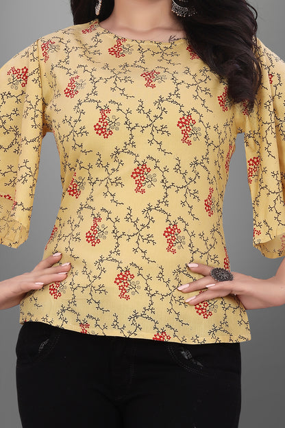 SUR-T Casual Half Sleeve CBELL Printed Women Musterd Top