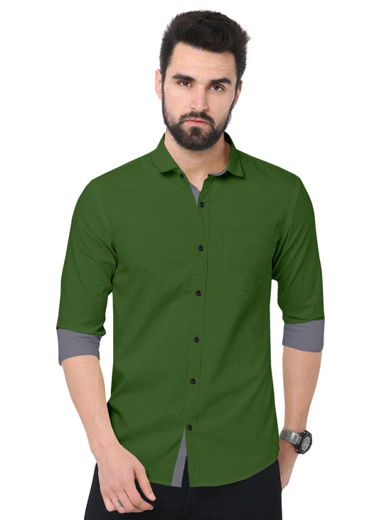 Men's Solid Plain Design Slim Fit Dark Green Cotton Shirt