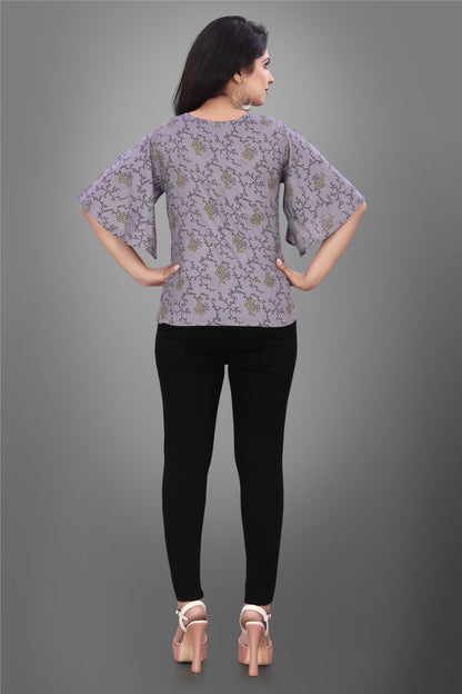 SUR-T Casual Half Sleeve CBELL Printed Women Dark Grey Top