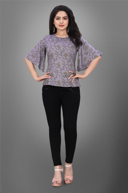 SUR-T Casual Half Sleeve CBELL Printed Women Dark Grey Top
