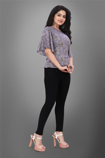 SUR-T Casual Half Sleeve CBELL Printed Women Dark Grey Top