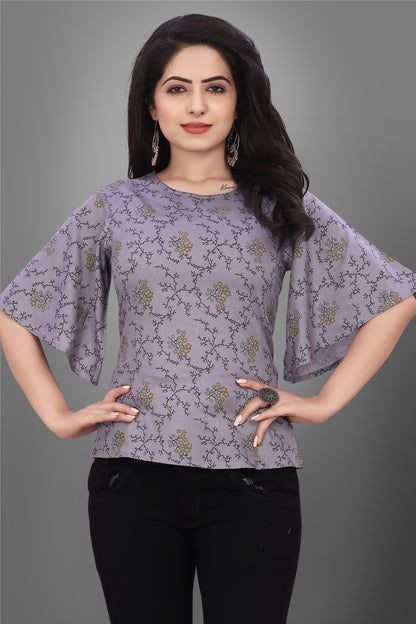 SUR-T Casual Half Sleeve CBELL Printed Women Dark Grey Top