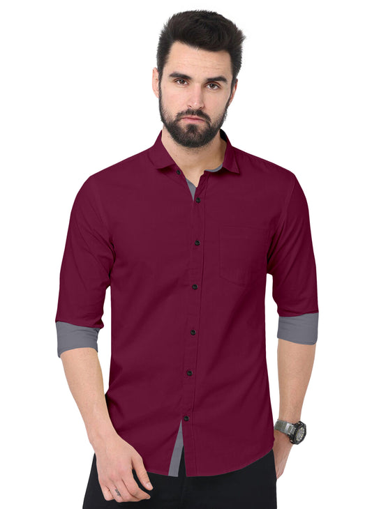 Men's Solid Plain Design Slim Fit Wine Cotton Shirt