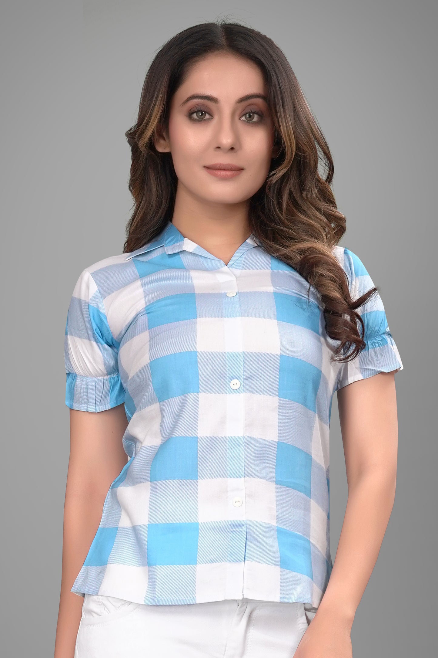 SUR-T Women Regular Fit Checkered Spread Collar Casual SKY Blue Shirt