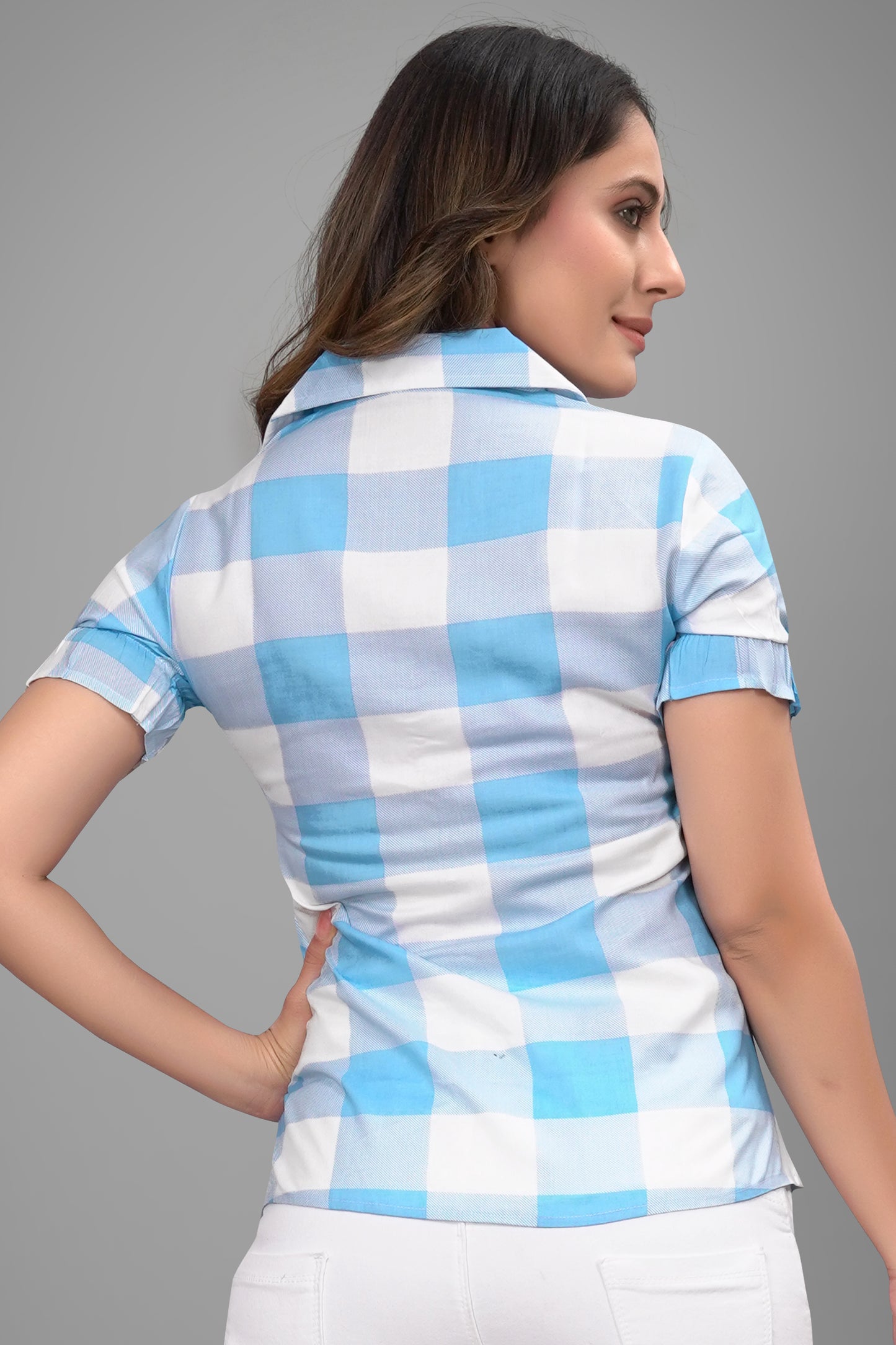SUR-T Women Regular Fit Checkered Spread Collar Casual SKY Blue Shirt