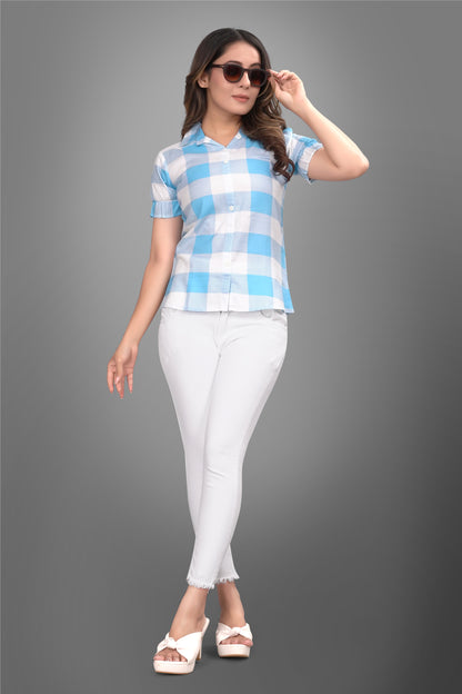 SUR-T Women Regular Fit Checkered Spread Collar Casual SKY Blue Shirt