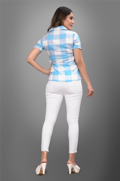 SUR-T Women Regular Fit Checkered Spread Collar Casual SKY Blue Shirt