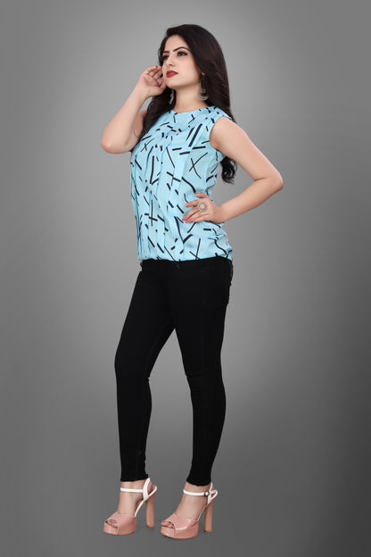 SUR-T Casual Sleeveless Crossover Printed Women SKY Blue Top