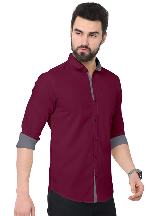 Men's Solid Plain Design Slim Fit Wine Cotton Shirt