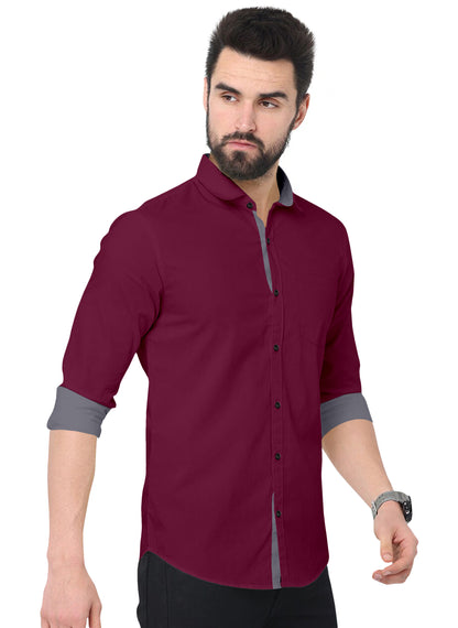 Men's Solid Plain Design Slim Fit Wine Cotton Shirt