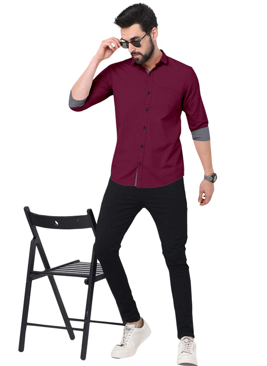 Men's Solid Plain Design Slim Fit Wine Cotton Shirt