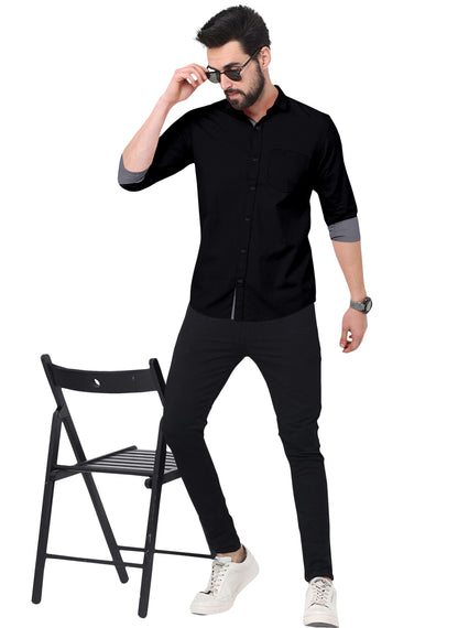 Men's Solid Plain Design Slim Fit Black Cotton Shirt