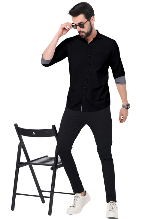 Men's Solid Plain Design Slim Fit Black Cotton Shirt