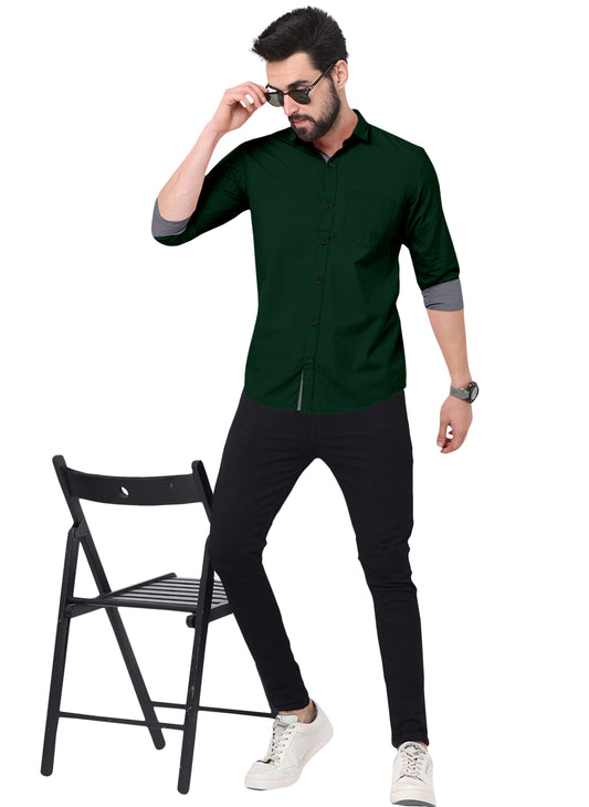 Men's Solid Plain Design Slim Fit Bottle Green Cotton Shirt