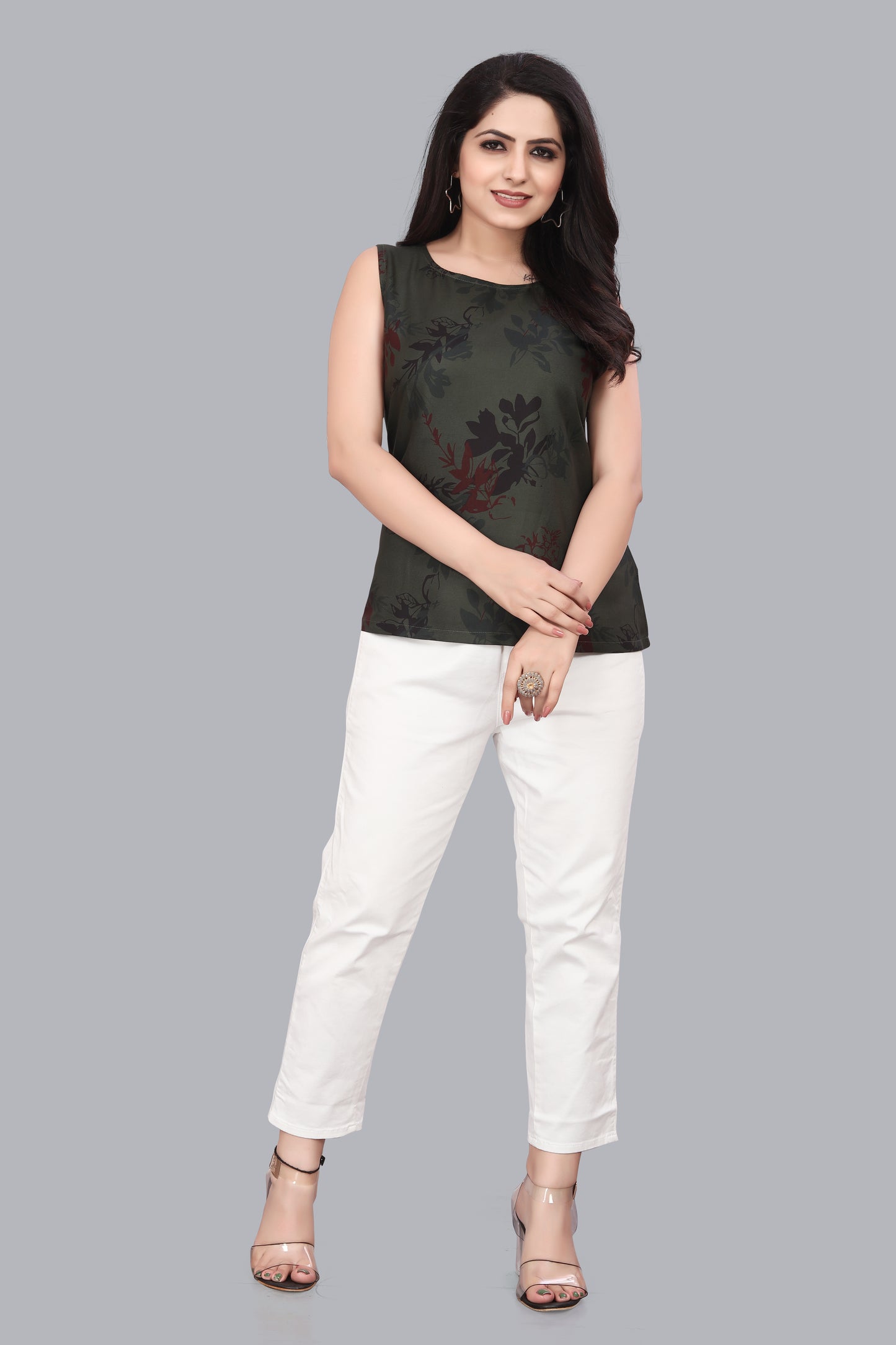 SUR-T Casual Sleeveless Florist Printed Women Dark Mehandi Green Top