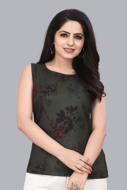 SUR-T Casual Sleeveless Florist Printed Women Dark Mehandi Green Top