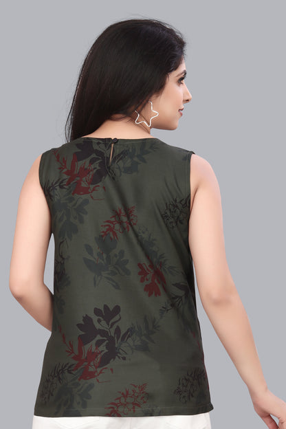 SUR-T Casual Sleeveless Florist Printed Women Dark Mehandi Green Top