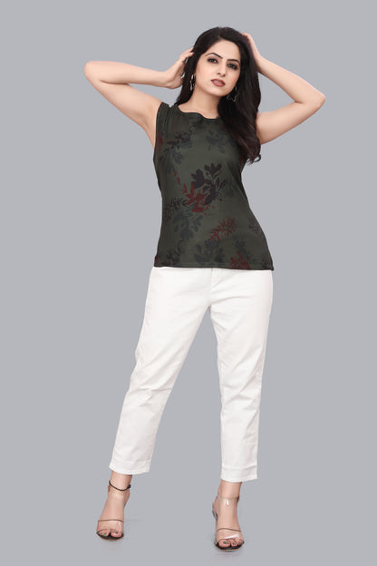 SUR-T Casual Sleeveless Florist Printed Women Dark Mehandi Green Top