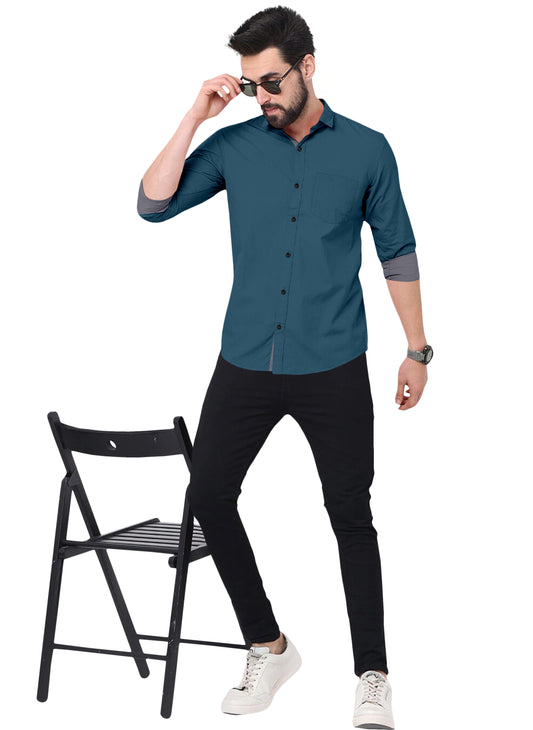 Men's Solid Plain Design Slim Fit Peacock Blue Cotton Shirt