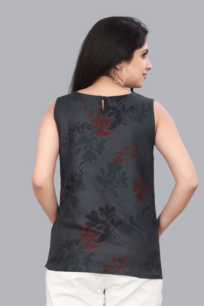 SUR-T Casual Sleeveless Florist Printed Women Dark Grey Top