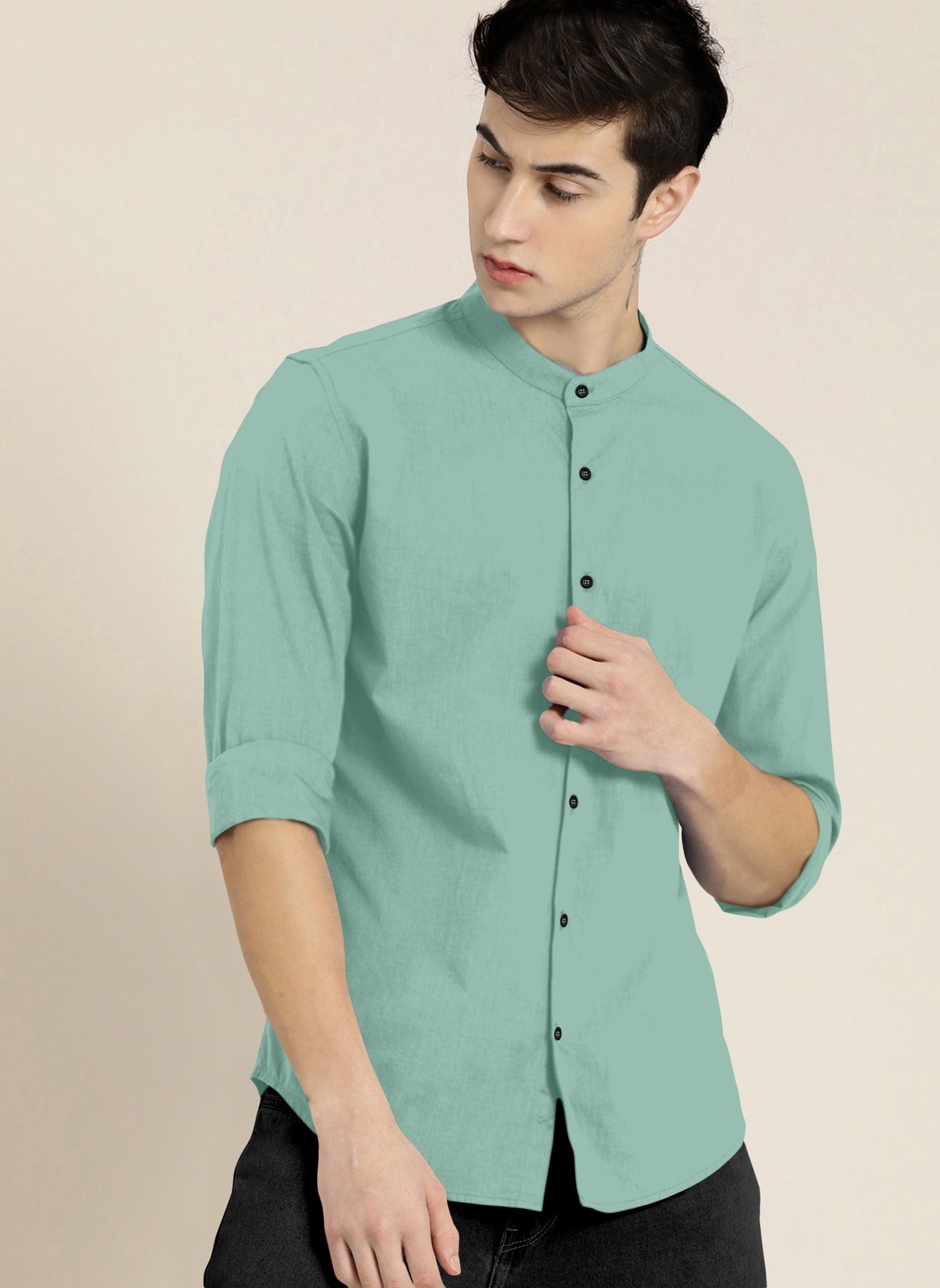 Stylish Aqua Men Slim Fit Solid Mandarin Collar Shirt