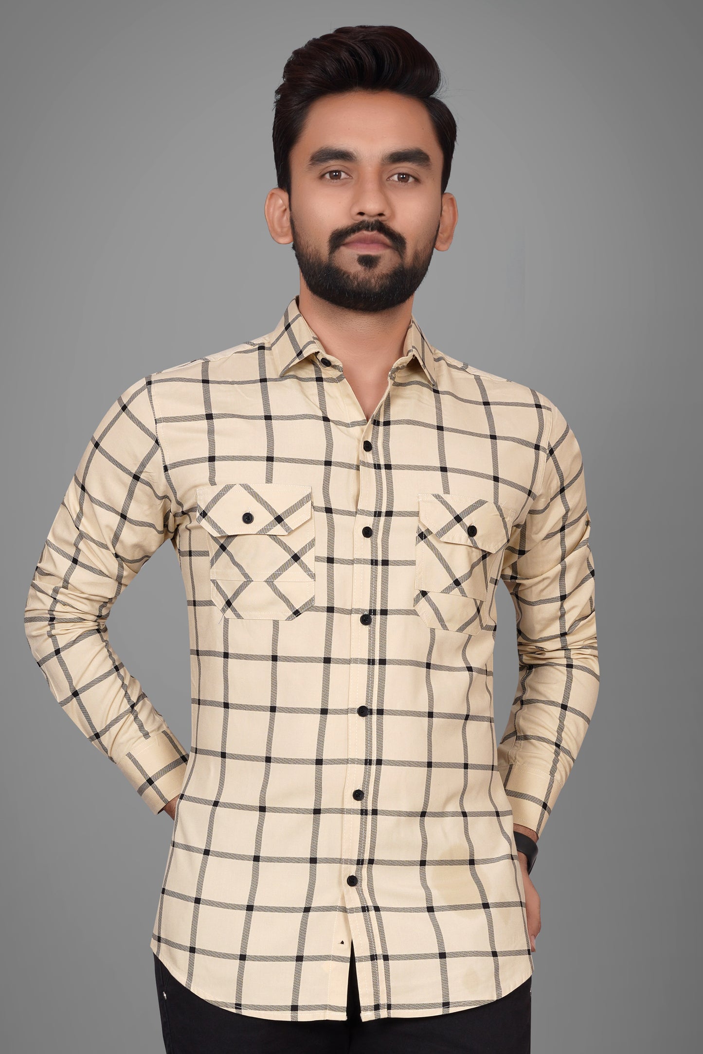 SUR-T Men Regular Fit Checkered Slim Collar Casual Beige Shirt