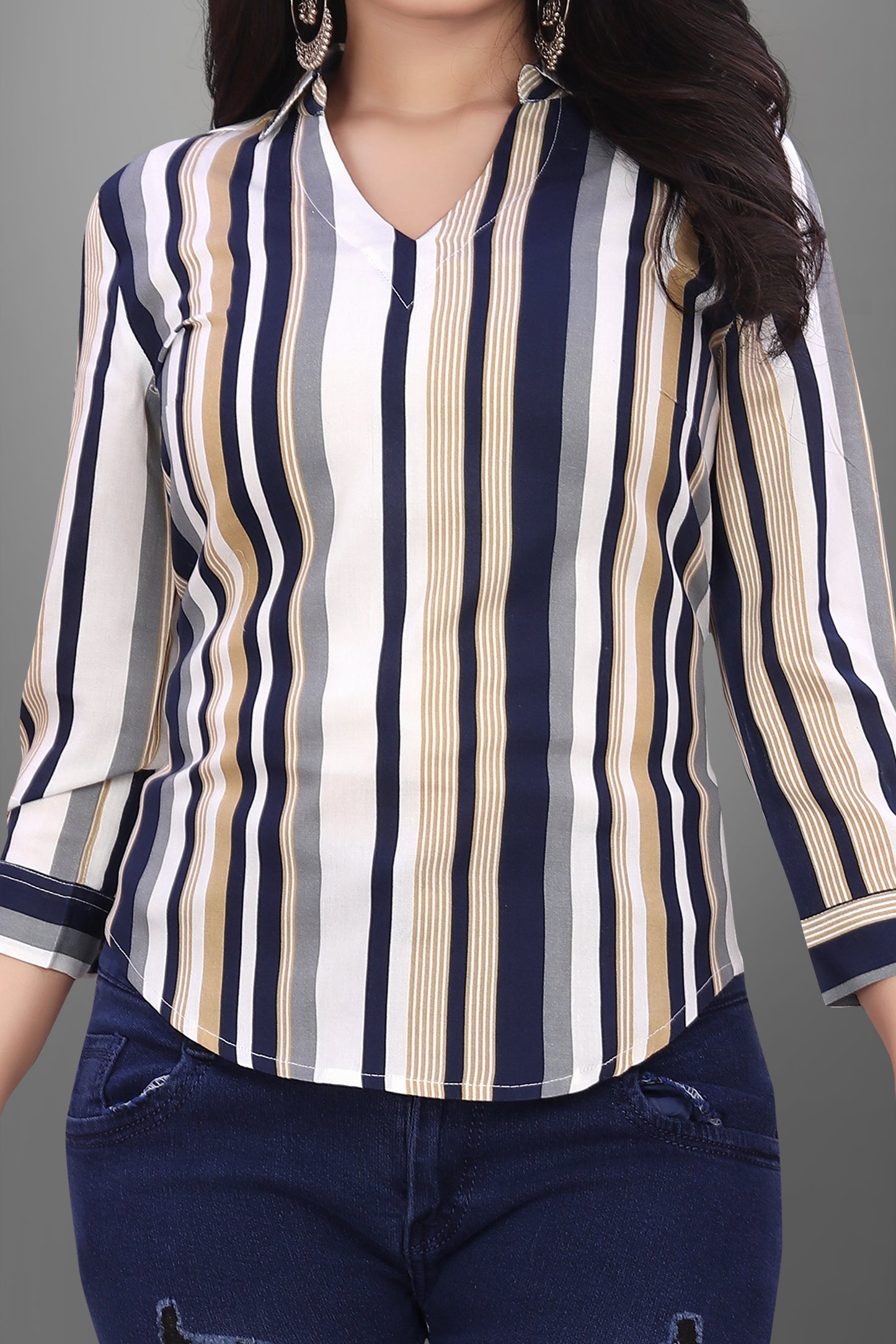 SUR-T Casual Regular Sleeves V-Shape Striped Women Beige Top