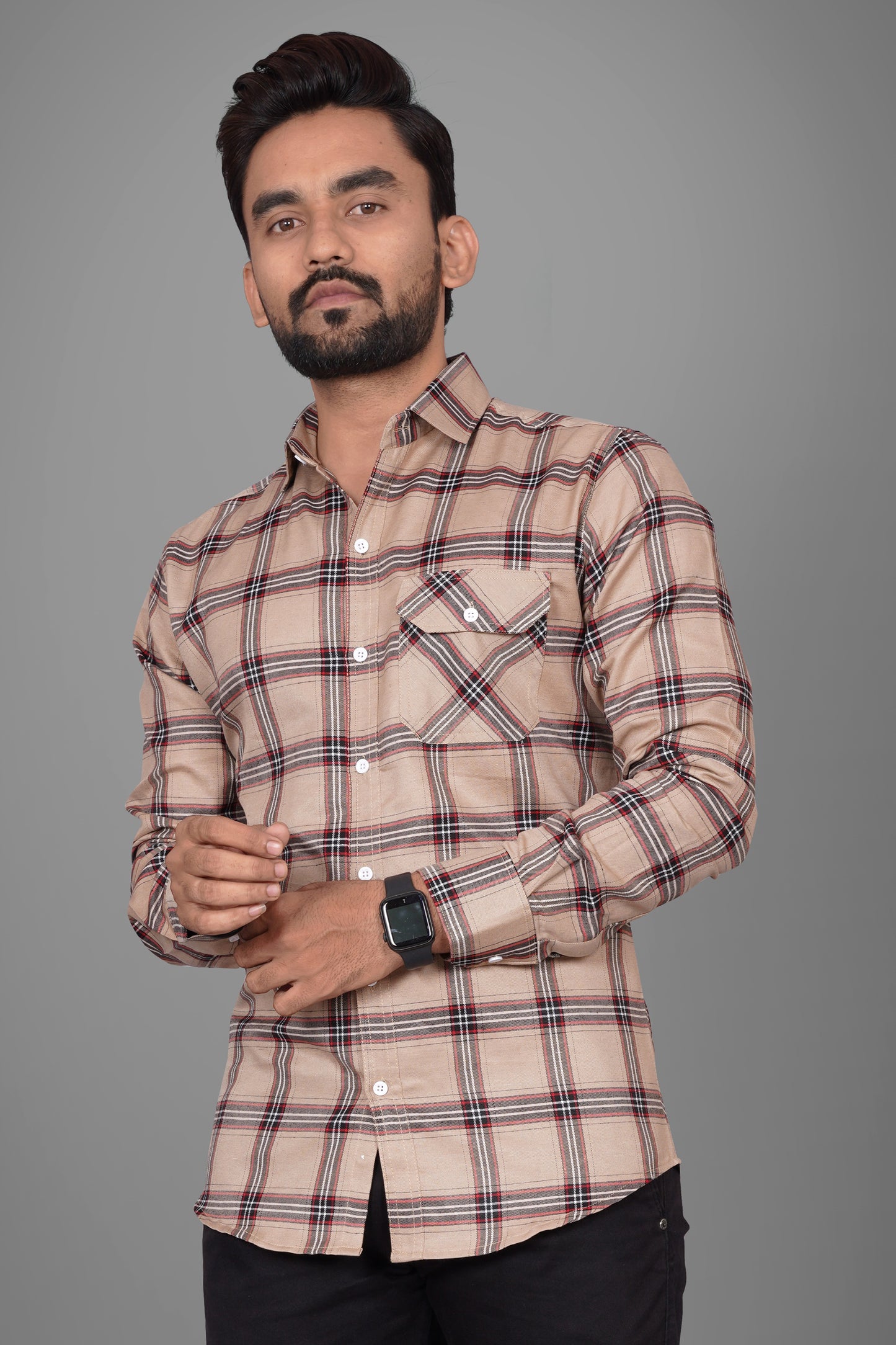 SUR-T Men Regular Fit Checkered Spread Collar Casual Beige Shirt