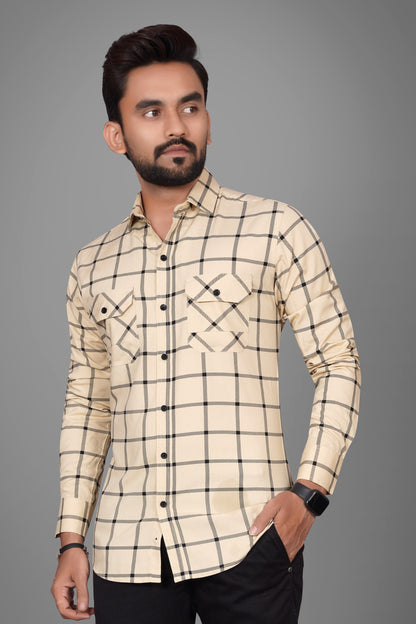 SUR-T Men Regular Fit Checkered Slim Collar Casual Beige Shirt